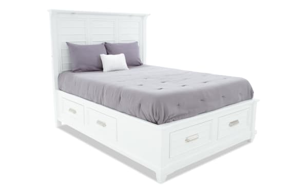 Sunset Cove Queen White 6 Drawer Storage Bed in coastal style, MDF construction with slatted headboard and six built-in storage drawers.