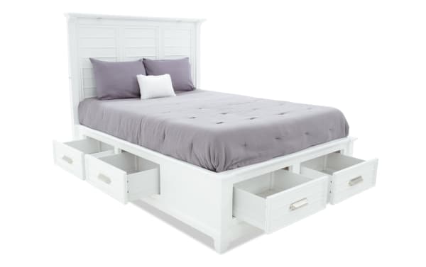 Sunset Cove Queen White 6 Drawer Storage Bed in coastal style with MDF frame, slatted headboard, and six spacious side and footboard drawers.