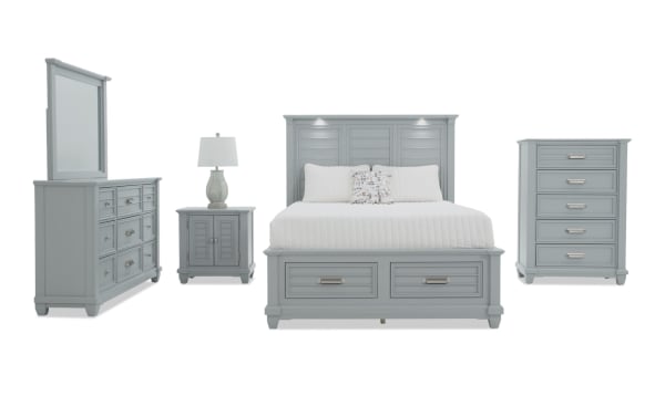Sunset Cove 5 Piece Queen Gray Storage Bedroom Set with coastal MDF design, slatted footboard bed, LED lighting, USB ports, and storage drawers.