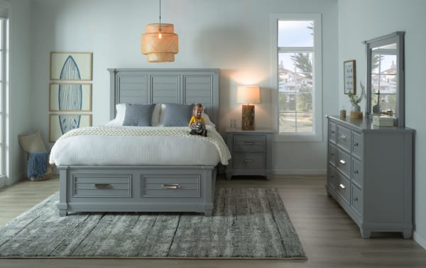 Sunset Cove 5 Piece Queen Gray Storage Bedroom Set with coastal MDF design, slatted footboard, two drawers, LED lighting, USB ports, and felt-lined drawers.