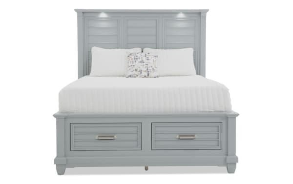 Sunset Cove 5 Piece Queen Gray Storage Bedroom Set with coastal MDF bed featuring slatted design, two drawer footboard storage, and built-in LED lighting.