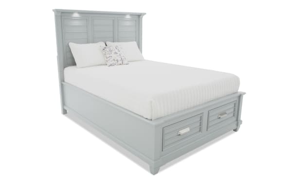 Sunset Cove 5 Piece Queen Gray Storage Bedroom Set with coastal MDF bed featuring slatted two-drawer footboard, LED lighting, and USB ports.