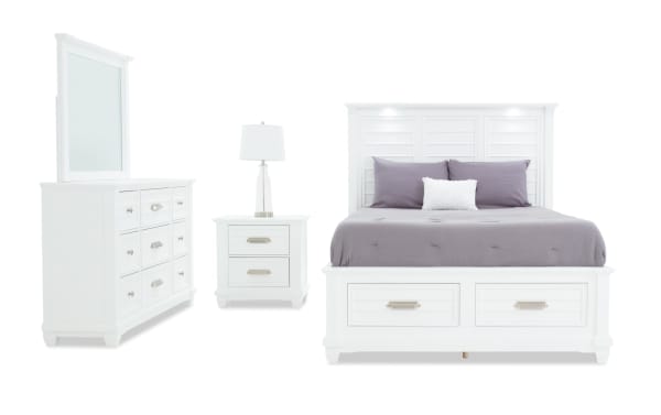 Sunset Cove 4 Piece Queen White Coastal Bedroom Set in MDF with slatted storage bed, LED lighting, USB ports, nightstand, and dresser with mirror.