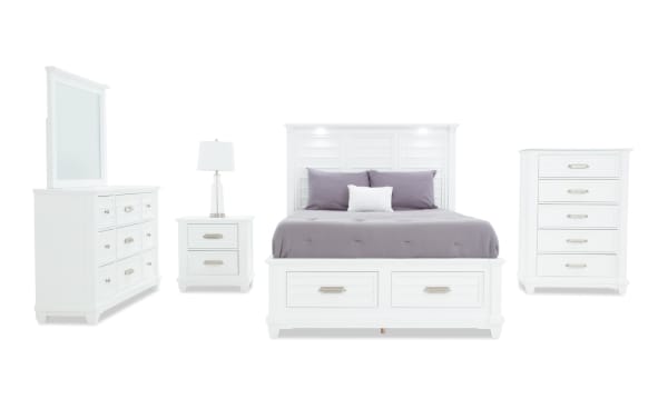 Sunset Cove 5 Piece Queen White All Around Storage Bedroom Set with MDF coastal style, slatted six-drawer bed, LED lighting, USB ports, and matching dresser, nightstand, and chest.