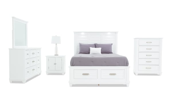 Sunset Cove 5 Piece Queen White All Around Storage Bedroom Set in coastal style with MDF construction, slatted six-drawer bed, LED lighting, USB ports, and felt-lined drawers.
