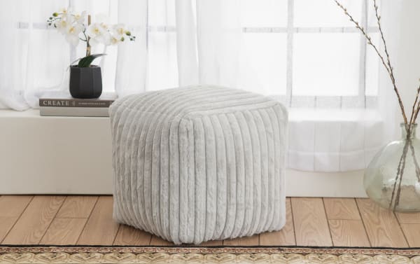 Gray Sofia Gray Channel Pouf with plush polyester fabric and channel tufted design, featuring Bob-O-Pedic memory foam in transitional style.