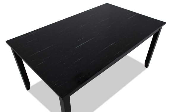 Black rectangular dining table with a smooth, glossy finish and four sturdy legs, featuring subtle wood grain texture.