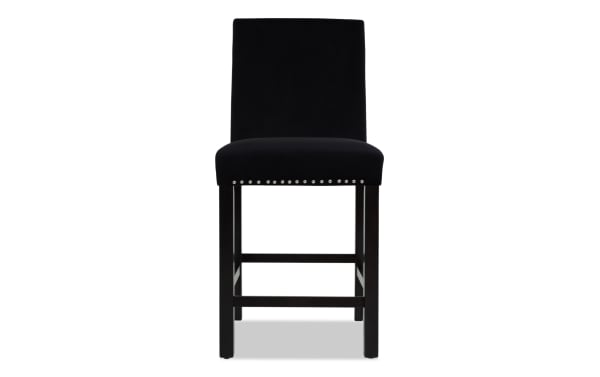 Black upholstered bar stool with a high back, dark wooden legs, and silver nailhead trim along the seat edge, suitable for kitchen or bar seating.