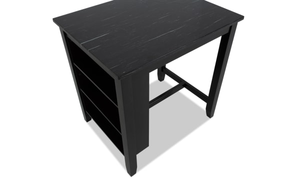 Black wooden side table with two open shelves on one side, rectangular top, and sturdy legs, ideal for living room or office storage.