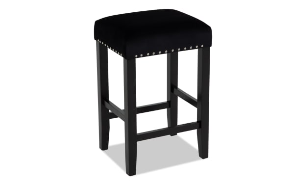 Black wooden bar stool with a cushioned velvet seat, silver nailhead trim, and sturdy square legs, ideal for kitchen or bar seating.