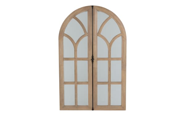 Double arched wooden framed mirror with divided glass panes and a central black metal hinge, suitable for rustic or farmhouse decor.