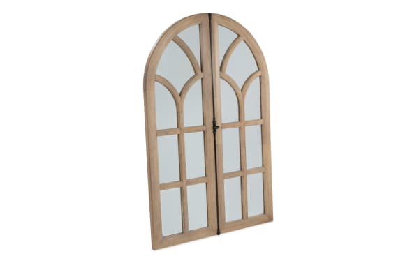 Arched wooden framed wall mirror with divided panes and black metal hinges, featuring a rustic natural wood finish.