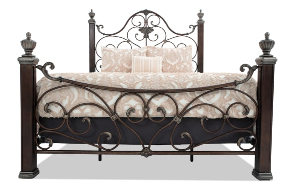 Regency Queen Brown Metal Panel Bed from Regency Bedroom collection, traditional style with ornate steel scrollwork on headboard and footboard.