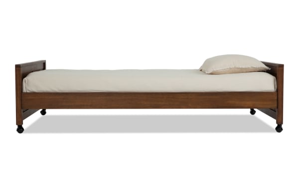 Chadwick Full Brown Platform Bed with Wheels in transitional style, crafted from pine solids, veneer, and MDF, featuring a low-profile frame and casters for easy movement.