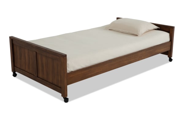 Chadwick Full Brown Platform Bed with Wheels, transitional style in pine solids and veneer with MDF, features a brown wood frame and casters for easy movement.