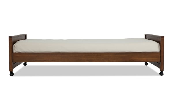 Chadwick Full Brown Platform Bed with Wheels, transitional style in pine solids, veneer, and MDF, features a low-profile frame and casters for easy mobility.