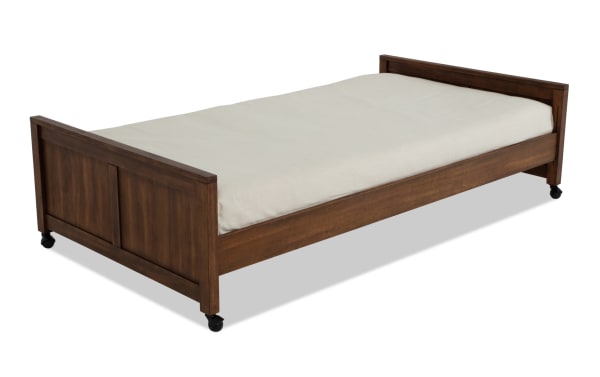 Chadwick Full Brown Platform Bed with Wheels, transitional style in pine solids and veneer, features a low-profile frame and casters for easy mobility.