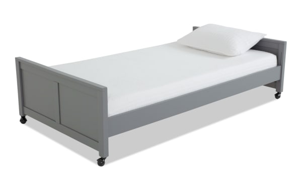 Chadwick Twin Gray Platform Bed with Wheels, transitional style in gray pine solids, veneer, MDF, features casters for easy mobility, no foundation needed.