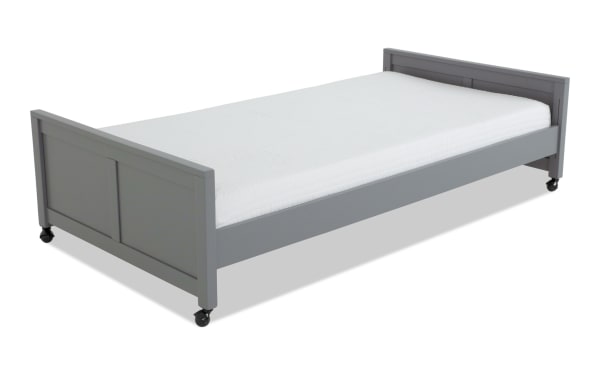 Chadwick Twin Gray Platform Bed with Wheels in transitional style, made of pine solids, veneer, and MDF, featuring a gray finish and caster wheels for easy mobility.