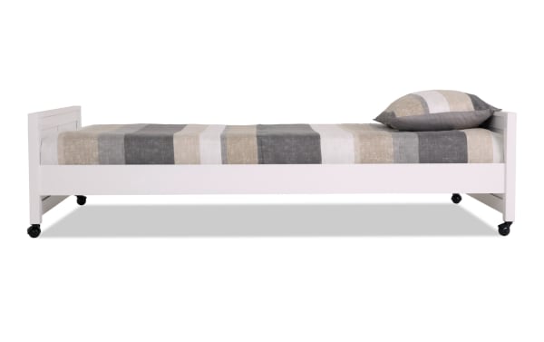 Chadwick Twin White Platform Bed with Wheels in transitional style, made of pine solids, veneer, and MDF, featuring a white finish and caster wheels for easy mobility.