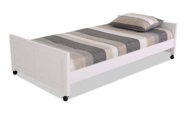 Chadwick Twin White Platform Bed with Wheels in transitional style, made of pine solids, veneer, and MDF, featuring a striped beige-gray bedding and caster wheels for easy mobility.