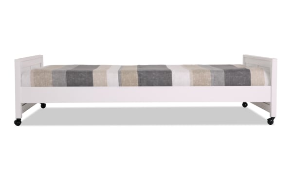 Chadwick Twin White Platform Bed with Wheels, transitional style in pine solids, veneer, and MDF, features a white finish and casters for easy mobility.