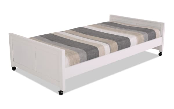 Chadwick Twin White Platform Bed with Wheels, transitional style in pine solids, veneer, and MDF, features a white finish, casters for mobility, and no foundation needed.