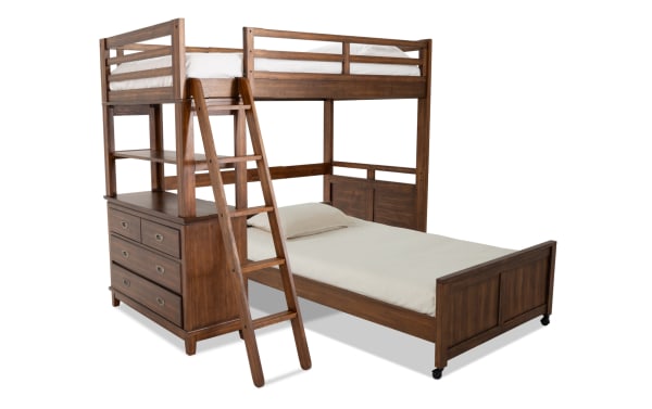 Chadwick Twin/Full Brown Loft Bed with Wheels, transitional style in poplar solids, veneers, and MDF, featuring a twin loft with ladder, full platform bed below, built-in storage chest with drawers, and casters for easy mobility.