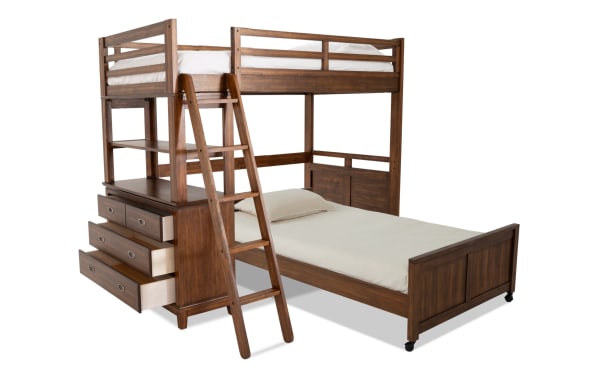 Chadwick Twin/Full Brown Loft Bed with Wheels in transitional style, made of poplar solids, veneers, and MDF. Features a twin loft bed with guardrails, full platform bed below on casters, ladder, built-in storage chest with multiple drawers on one side, and open shelving. Versatile brown wood finish with easy mobility and no foundation needed. Part of the Chadwick collection.