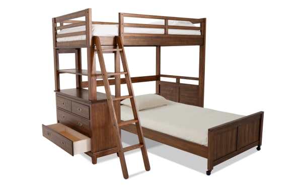 Chadwick Twin/Full Brown Loft Bed with Wheels in transitional style, made of poplar solids, veneers, and MDF, featuring a twin loft with ladder, full platform bed below, built-in storage drawers, and casters for easy mobility.