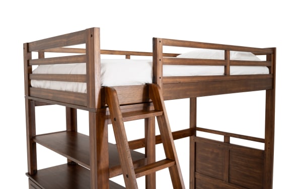 Chadwick Twin/Full brown loft bed with wheels, transitional style, crafted from poplar solids, veneers, and MDF. Features guardrails, ladder, and integrated storage shelves for versatile bedroom organization.