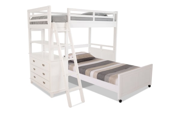 Chadwick Twin/Full White Loft Bed with Wheels in transitional style, made of poplar solids, veneers, and MDF. Features a white finish, integrated storage chest with drawers, ladder, platform full bed below, and casters for easy movement. Part of the Chadwick collection, designed for versatile room arrangement without a foundation.