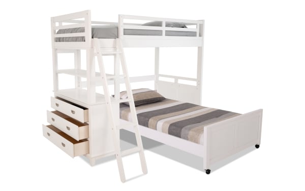 Chadwick Twin/Full White Loft Bed with Wheels in transitional style, made of poplar solids, veneers, and MDF, featuring a twin loft over full platform bed, built-in storage chest with three drawers, and casters for easy mobility.