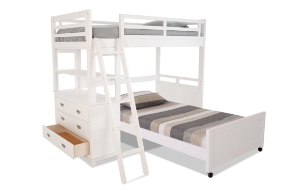 Chadwick Twin/Full White Loft Bed with Wheels in transitional style, made of poplar solids, veneers, and MDF, featuring a twin loft over full platform bed with storage drawers and casters for easy movement.