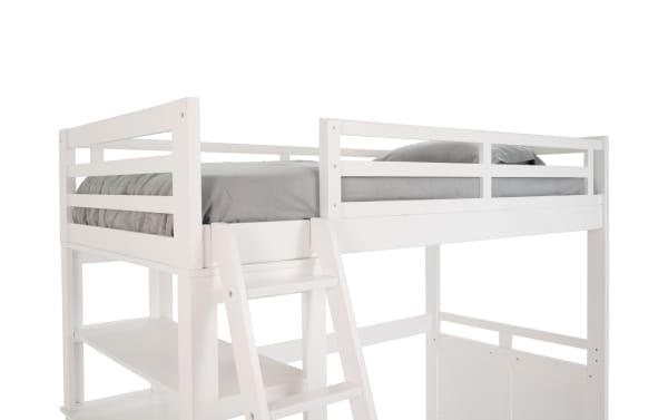 Chadwick Twin/Full white loft bed with wheels, transitional style, made of poplar solids, veneers, and MDF, featuring guardrails and angled ladder for easy access.