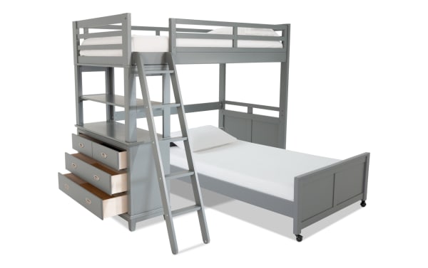 Chadwick Twin/Twin Gray Loft Bed with Wheels in transitional style, made of poplar solids, veneers, and MDF. Features a gray finish, twin loft bed with ladder, platform bed below, and built-in storage chest with drawers on the side. Includes casters for easy movement and no foundation needed. Part of the Chadwick collection.