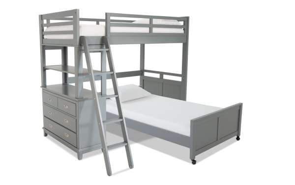 Chadwick Twin/Full Gray Loft Bed with Wheels features a transitional style, poplar solids, veneers, MDF, storage chest, platform bed, and casters for easy movement.