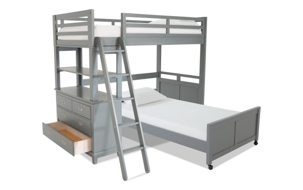 Chadwick Twin/Full Gray Loft Bed with Wheels features a transitional gray poplar solid and veneer frame, built-in storage drawers, ladder, and casters for easy movement.