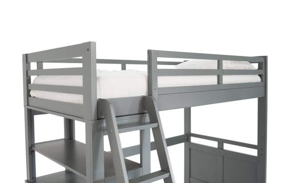 Chadwick Twin/Full Gray Loft Bed with Wheels, transitional style in poplar solids, veneers, and MDF, features a raised platform bed with guardrails and angled ladder.