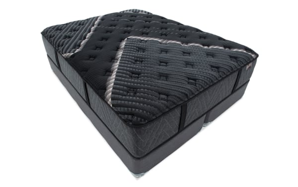 Lush 13'' King Firm Split Standard Mattress Set in black and gray, featuring quilted top with cooling cover, layered foam and gel memory foam, and firm edge support.