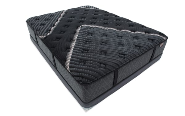 Lush 13'' Queen Firm Low Profile Mattress Set in black and gray with quilted top, cooling cover, layered foam, and wrapped coil system for firm support.