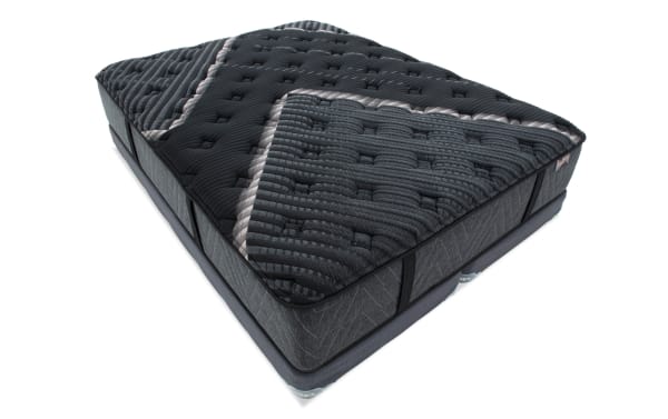 Lush 13'' King Firm Split Low Profile Mattress Set in black and gray with textured cooling cover, layered foam and spring coil system for firm support and temperature regulation.