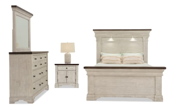 Beaumont 4 Piece Queen White & Gray Platform Storage Bedroom Set in transitional style, pine solids and veneer, with LED headboard lights, USB ports, and French dovetail drawers.