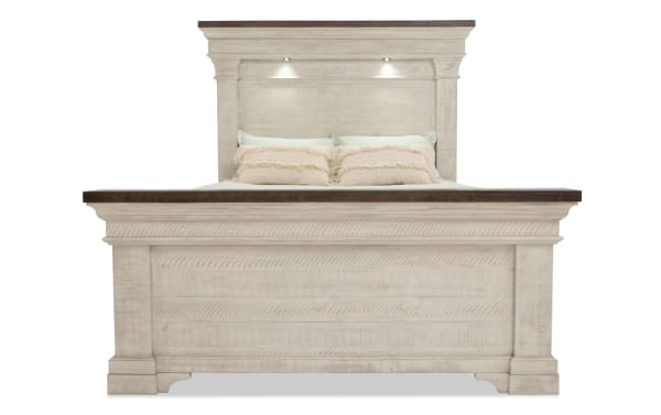 Beaumont 4 Piece Queen White & Gray Platform Bed with pine solids, transitional style, featuring built-in LED headboard lights and dark wood accents.