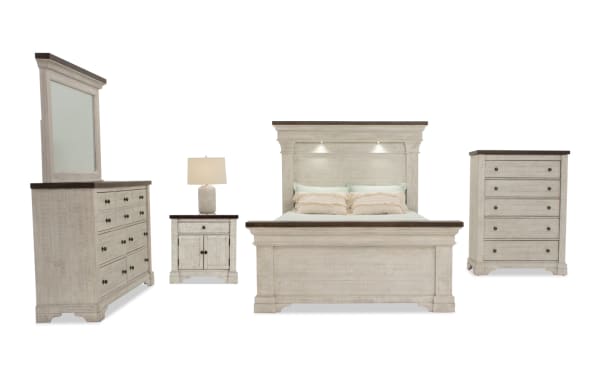 Beaumont 5 Piece Queen White & Gray Platform Storage Bedroom Set with pine solids, transitional style, built-in LED headboard lights, USB ports, and French dovetail drawers.
