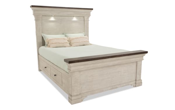Beaumont 5 Piece Queen White & Gray Platform Storage Bed with built-in LED headboard lights, pine solids, and storage drawers, transitional style.
