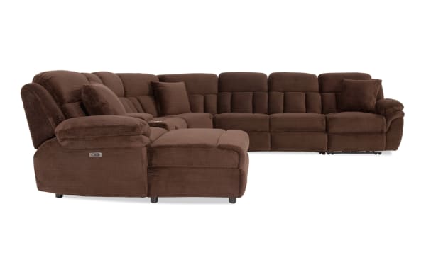 Brown fabric sectional sofa with plush cushions, reclining seats, and two matching throw pillows, designed for living room comfort and style.
