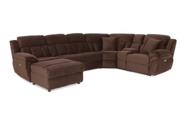 Brown fabric sectional sofa with plush cushions, reclining seats, and corner design, ideal for spacious living rooms and comfort seating.