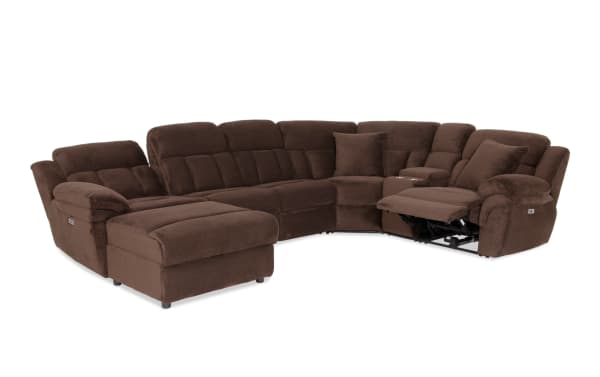 Brown fabric sectional recliner sofa with plush cushioning, chaise lounge, cup holders, and adjustable footrest, ideal for living room comfort.