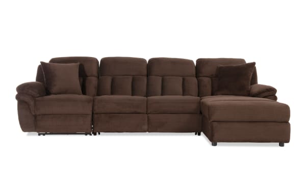 Brown fabric sectional sofa with plush cushions, reclining seats, and chaise lounge, designed for comfort and modern living rooms.